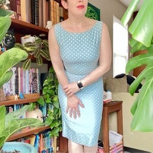 Lanz Original Vintage 1960s Blue Polka Dot Sleeveless Wiggle Dress